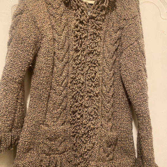 Native American Taupe Wool Chunky Zip Cardigan Sweater Fringe Boho Hippie Hood - Picture 2 of 9
